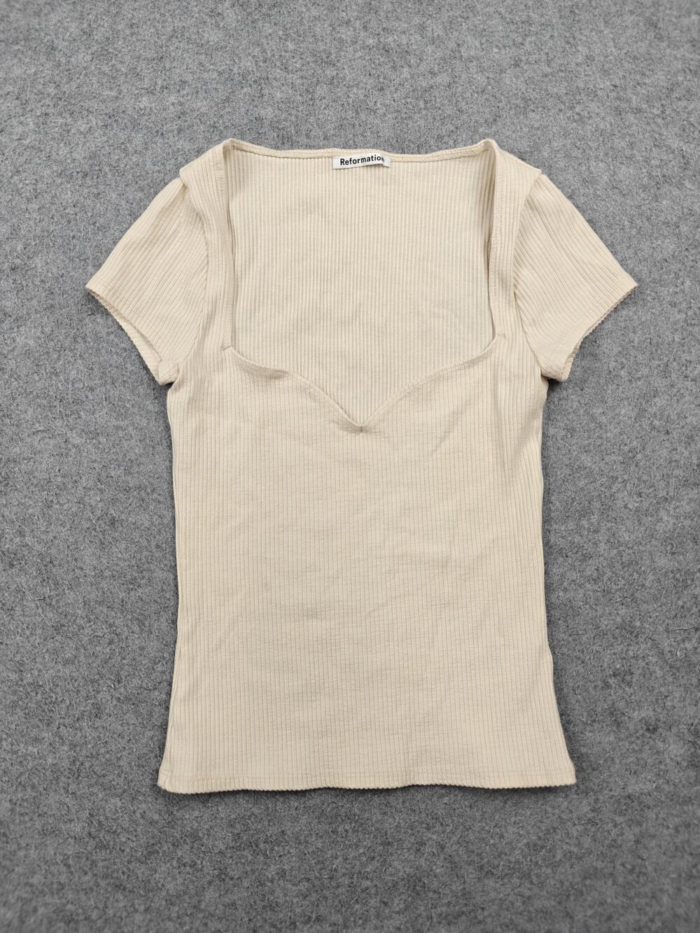 Reformation Shirt Womens Small Beige Sweetheart Neck Ribbed Stretch Basic